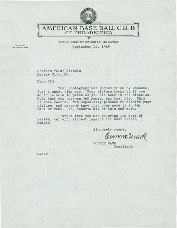 Baseball Autographs - Connie Mack Hall of Fame Congratulatory Letter with 360 Wins Content To Kid Nichols