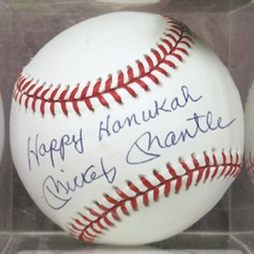 Mickey Mantle - Mickey Mantle "Happy Hanukah" Single Signed Baseball