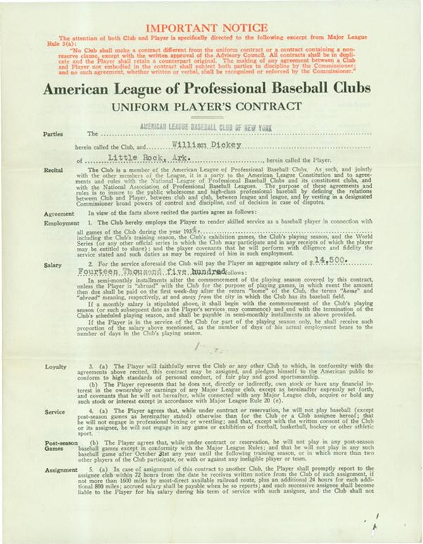 NY Yankees, Giants & Mets - 1934 Bill Dickey Signed New York Yankees Player&#39;s Contract