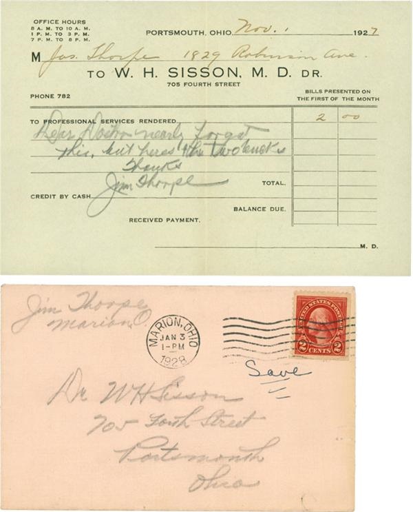 - 1927 Jim Thorpe Signed Bill and Envelope