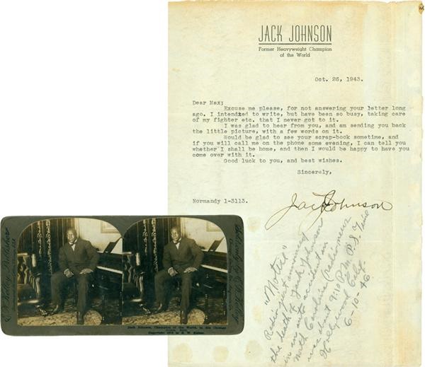 Muhammad Ali & Boxing - Jack Johnson Signed Letter, & Stereograph Card Featured in Ken Burns Film