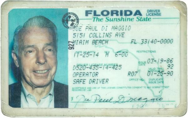 NY Yankees, Giants & Mets - Joe DiMaggio&#39;s 1986 Drivers License
