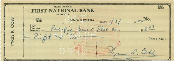 Baseball Autographs - 1954 Ty Cobb Signed Bank Check
