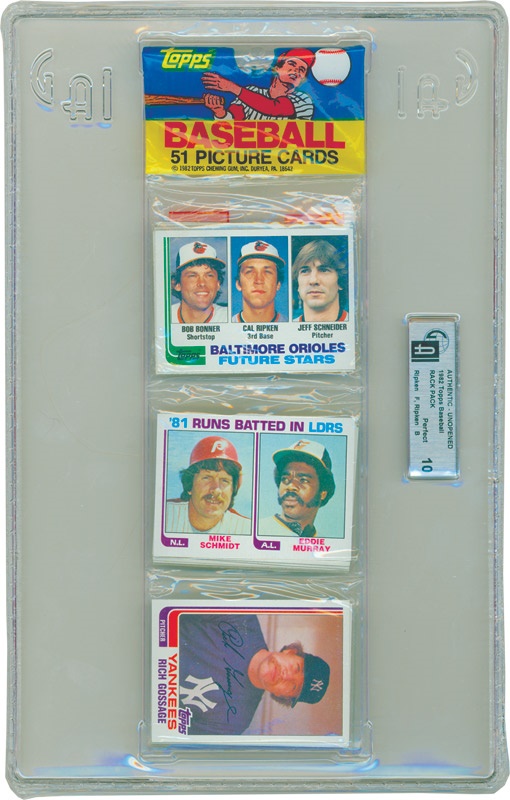 Amazing 1982 Topps Baseball Rack Pack GAI 10 Perfect With Ripken Rookie on Front & Back
