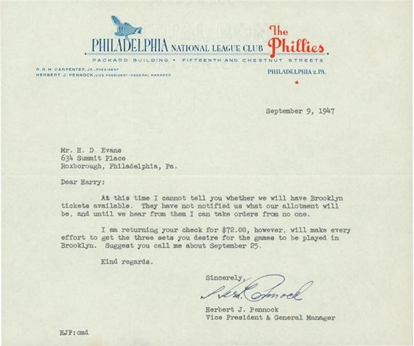 Baseball Autographs - Herb Pennock Signed Letter