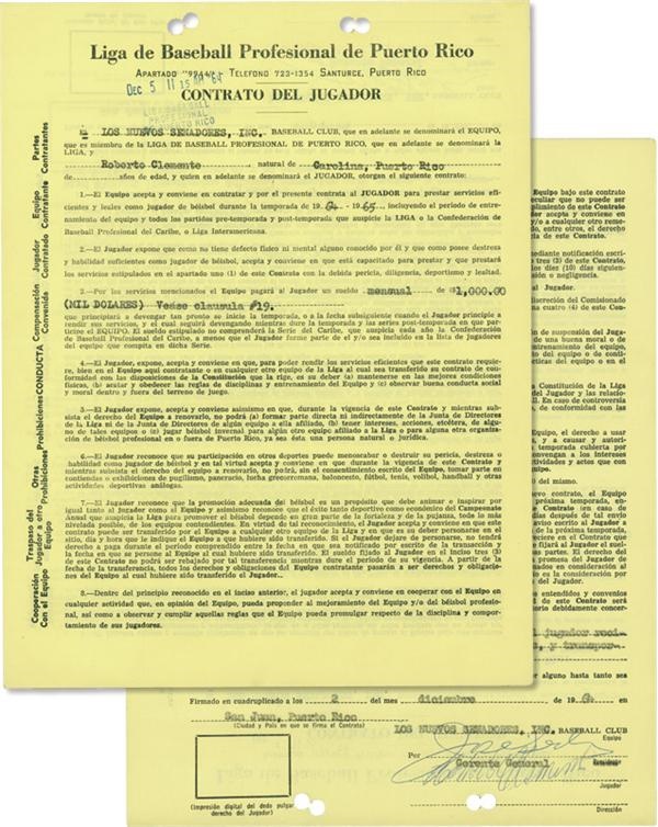 Clemente and Pittsburgh Pirates - 1964-65 Roberto Clemente Puerto Rican Contract
