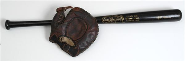 Baseball Equipment - Charlie Grimm Game Used Glove and 1935 Cubs Presentational Bat
