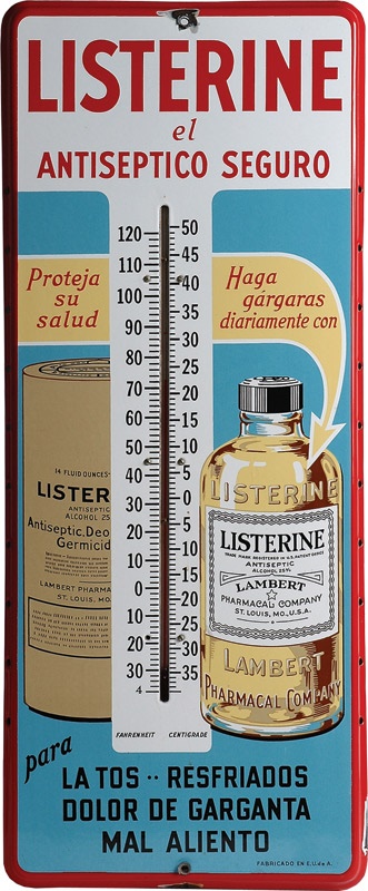 - 1930&#39;s Listerine Porcelain on Metal Advertising Thermometer