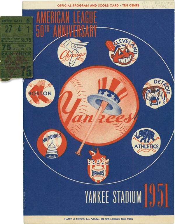 NY Yankees, Giants & Mets - Allie Reynolds No Hitter Program and Ticket.