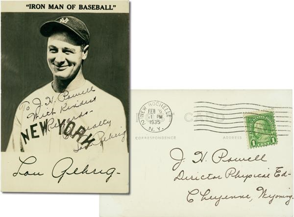 NY Yankees, Giants & Mets - 1935 Lou Gehrig Signed &quot;Iron Man&quot; Photo Postcard