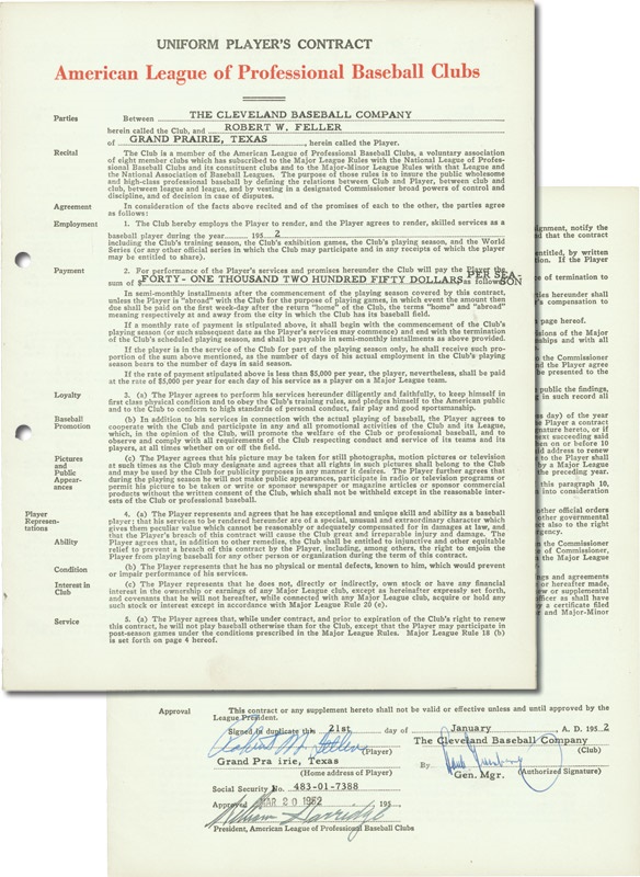 Baseball Autographs - 1952 Bob Feller Signed American League Player&#39;s Contract