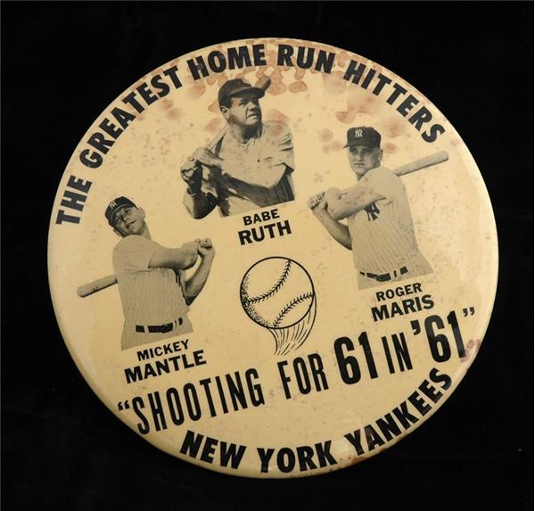 NY Yankees, Giants & Mets - 1961 Ruth, Maris and Mantle Pin-Back Button