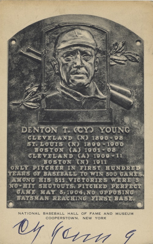 - Cy Young Signed Hall of Fame Plaque Postcard