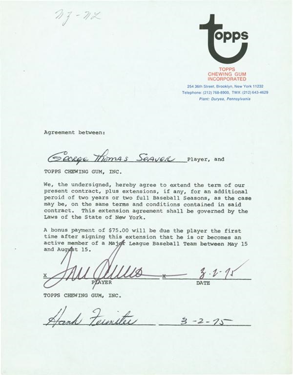 1975 Tom Seaver Signed  Topps Baseball Card Contract