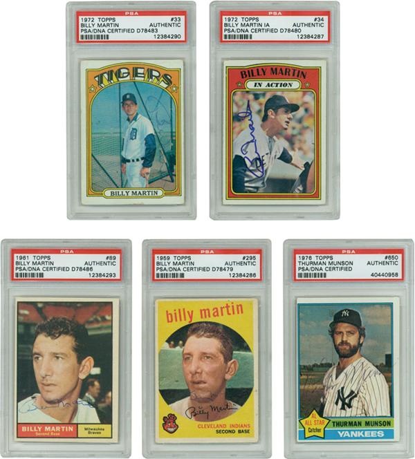 NY Yankees, Giants & Mets - Thurman Munson and Billy Martin Signed Baseball Cards-All PSA Slabbed (5)