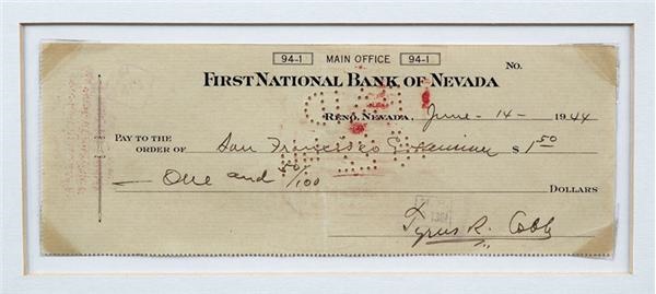 Baseball Autographs - 1944 Ty Cobb Signed Personal Check
