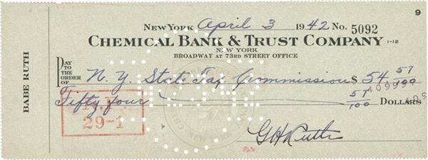 1942 Babe Ruth Signed Personal Check