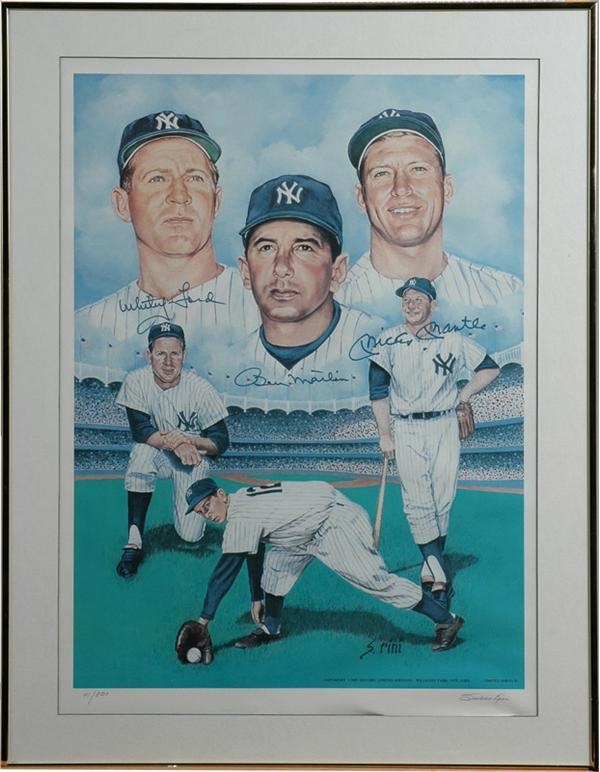 NY Yankees, Giants & Mets - Mickey Mantle, Billy Martin &amp; Whitey Ford Signed Litho (18x25&quot;)