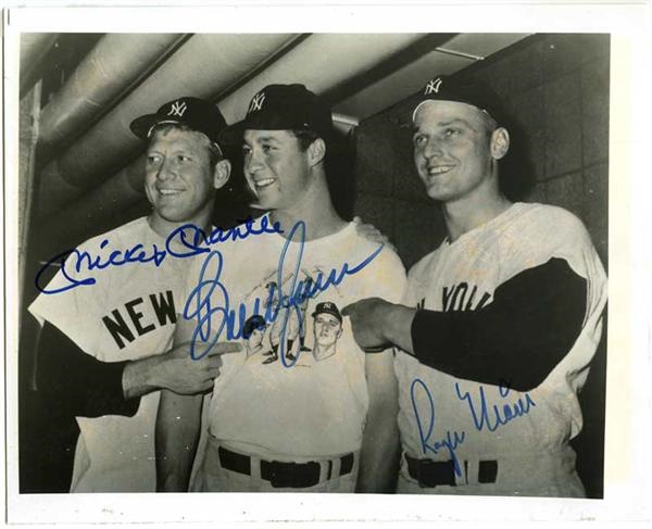 Mickey Mantle, Roger Maris and Murcer Signed 8 x 10" Photograph