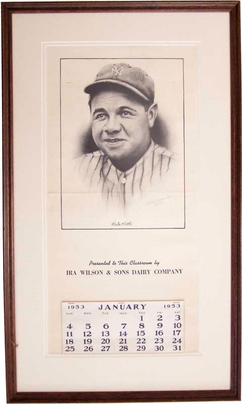 Memorabilia - Babe Ruth Large Framed Calendar from 1953