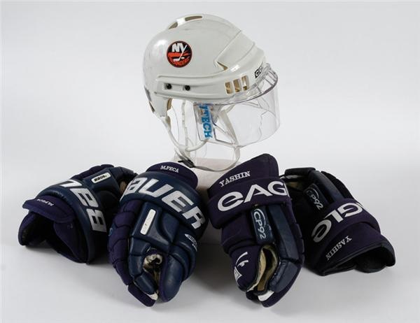 - Alexei Yashin Game Used Helmet and Gloves and Mike Peca Game Used Gloves