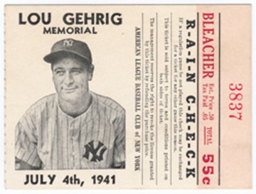 Lou Gehrig - 1941 Lou Gehrig Memorial Game Ticket Stub