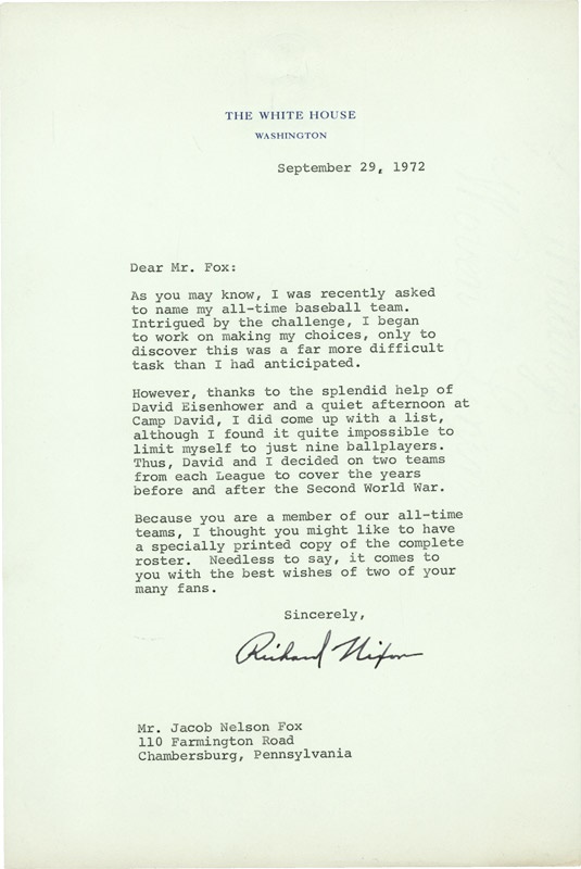 Baseball Autographs - Richard Nixon Letter to Nellie Fox