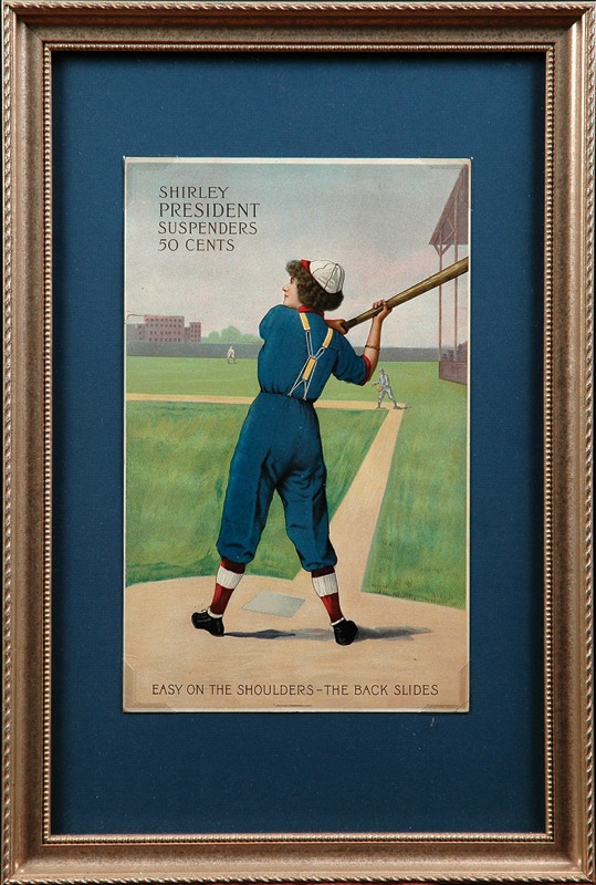 - 1890s Shirley President Suspenders Lithographed Cardboard Sign with Girl Baseballer