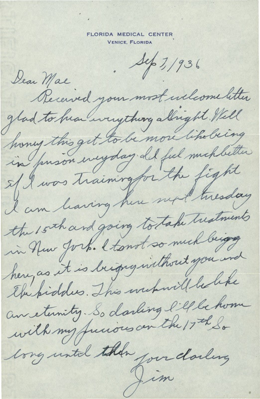 - James J. Braddock One-Page 1936 Handwritten Letter to his wife Mae