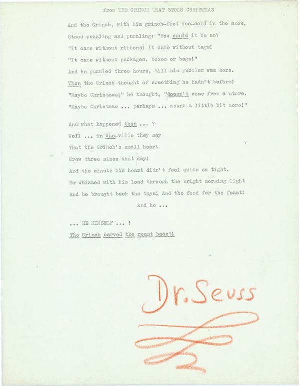 - Dr. Seuss The Grinch That Stole Christmas Signed Quotation