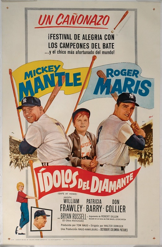 Mantle and Maris - 1962 Mantle Maris "Safe at Home" One Sheet Rare Spanish Version