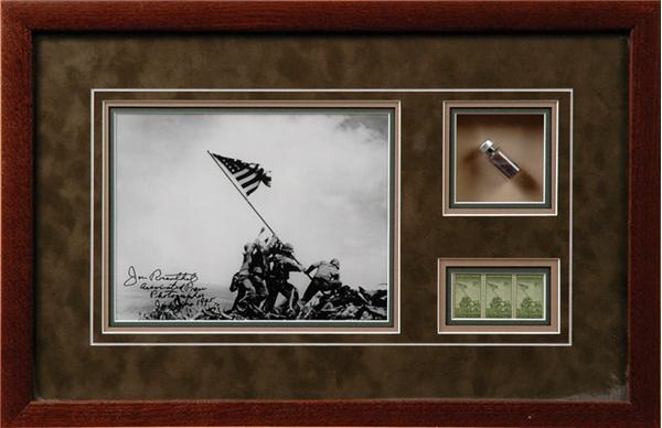 Iwo Jima Signed Photo, Vial of Sand and Three 3 Cent Stamps Framed