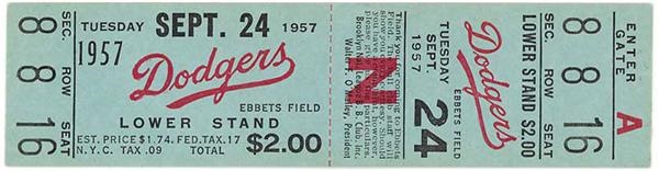 1957 Brooklyn Dodgers Last Game Ebbets Field Full Ticket