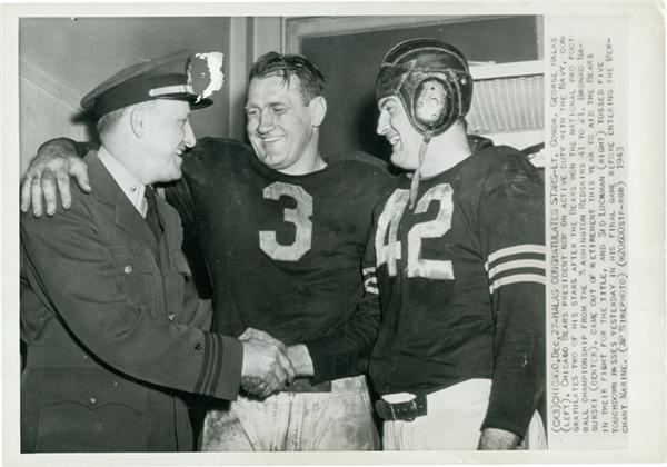 - Halas Congratulates Chicago Bears Football Stars Wire Photo (1943)