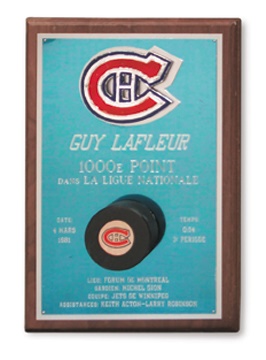 Guy Lafleur - 1981 1,000th NHL Point Puck Plaque Presented to Guy Lafleur (15x10")