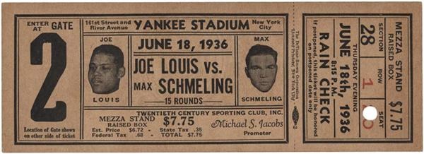 - June 18, 1936 Joe Louis vs Max Schmeling Full Ticket (2.5x7")