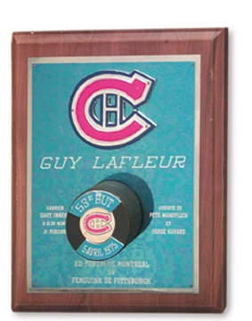 Guy Lafleur - 1975 Record 53rd Goal Puck Plaque Presented to Guy Lafleur (10x12")