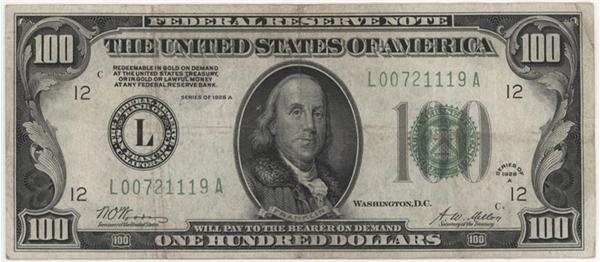 - Series of 1928 Gold Certificate $100 Dollar Bill