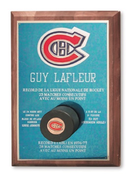 1977 NHL Consecutive Game Point Record Plaque Presented to Guy Lafleur (10x15")