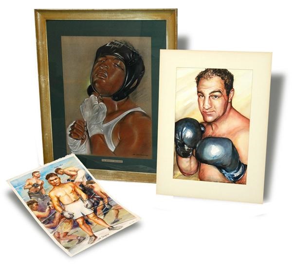 - Collection of Three Pieces of Boxing Original Art-Marciano, Dempsey, and Louis