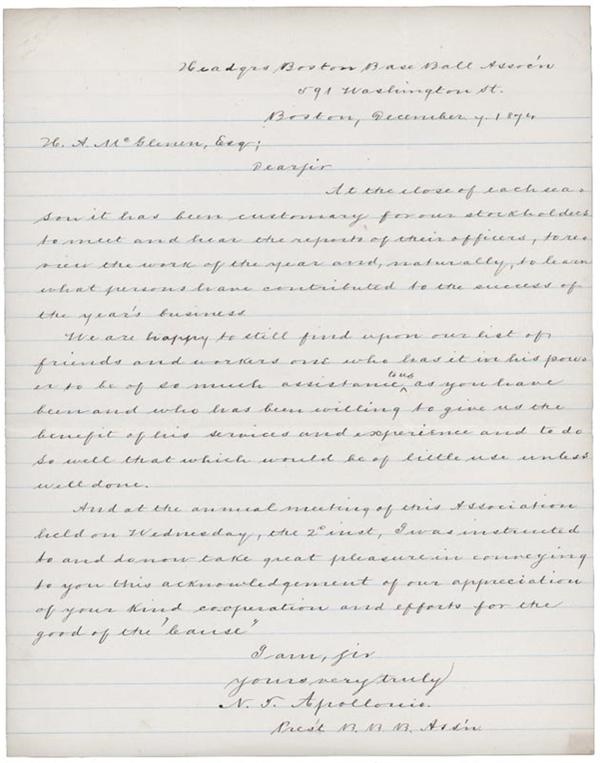 - 1874 Boston Baseball Club Handwritten Signed Letter