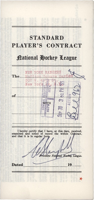 Autographs Other - 1955 Harry Howell NHL Player's Contract-Signed by Howell, Campbell and Patrick