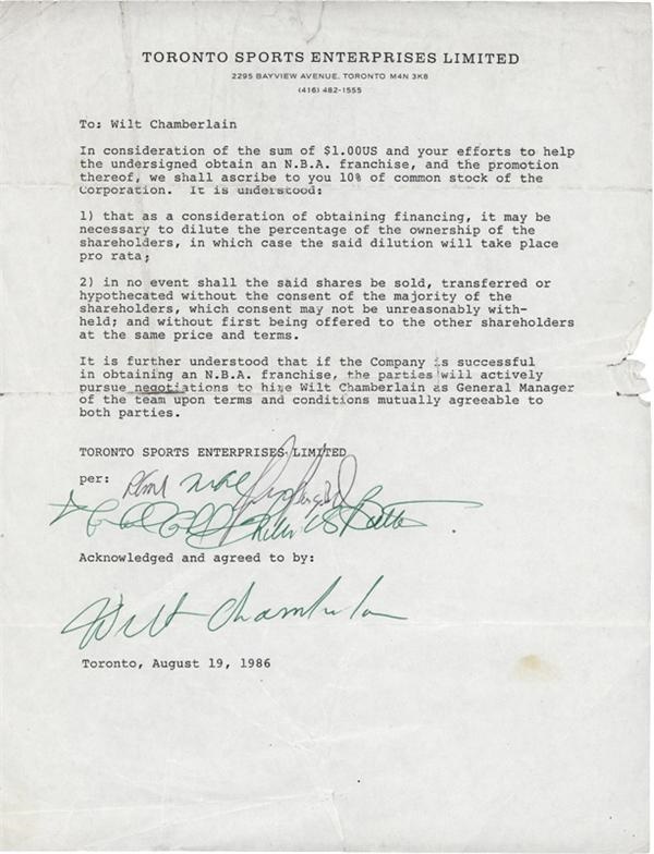 Autographs Other - Wilt Chamberlain Toronto Basketball Signed Contract Legal Document