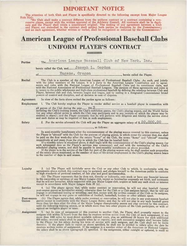 Baseball Autographs - 1943 Joe Gordon Signed New York Yankees Player&#39;s Contract
