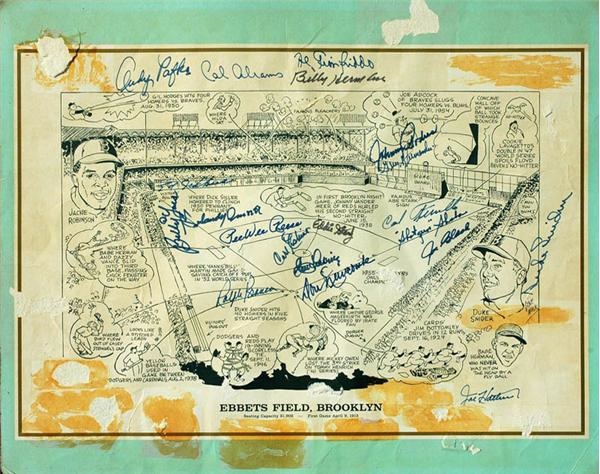 Baseball Autographs - Signed Brooklyn Dodgers Ebbets Field Print with 19 Signatures