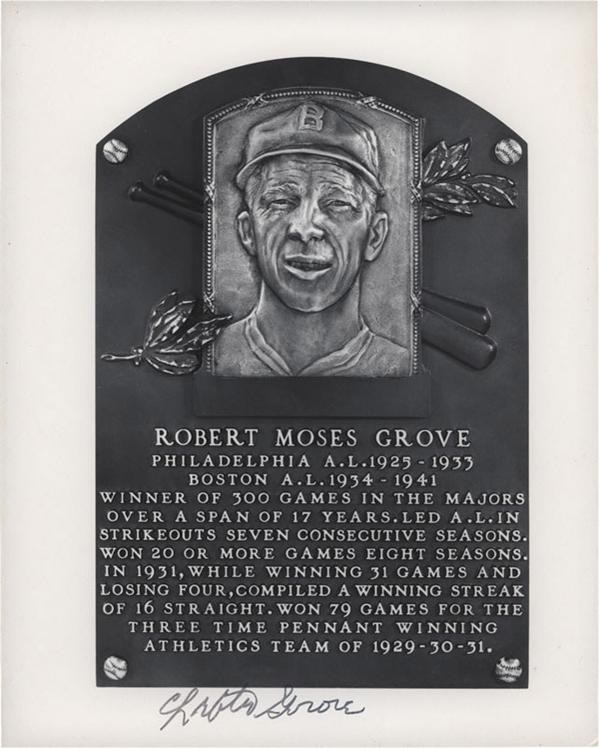 Baseball Autographs - Lefty Grove Signed 8x10" Black and White Hall of Fame Plaque