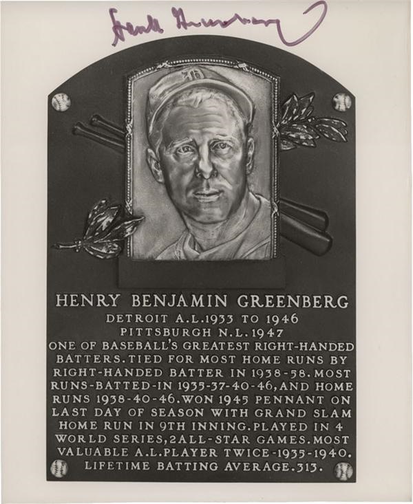 Baseball Autographs - Hank Greenberg Signed 8x10" Black and White Hall of Fame Plaque