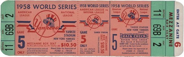 NY Yankees, Giants & Mets - 1958 World Series Game 5 Yankees Full Ticket