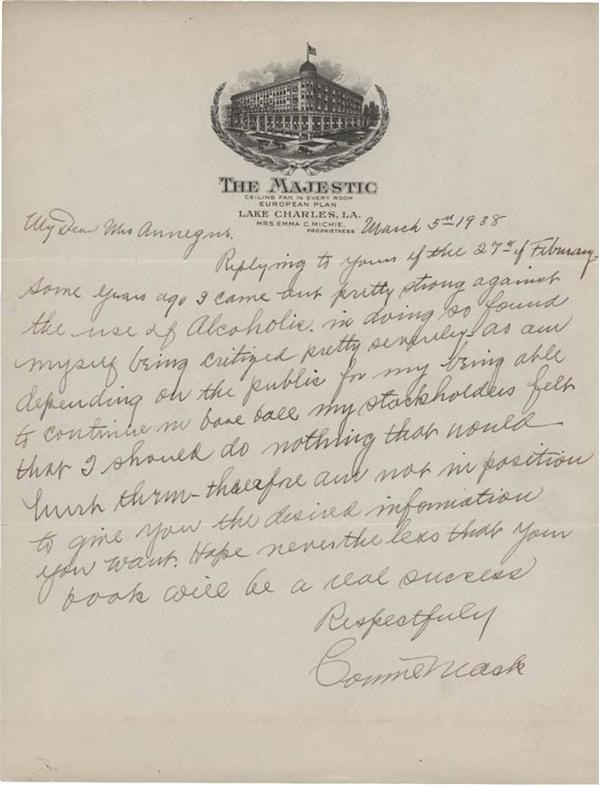 Baseball Autographs - Connie Mack One Page Handwritten Letter ALS