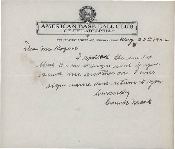Baseball Autographs - 1952 Connie Mack Handwritten Letter